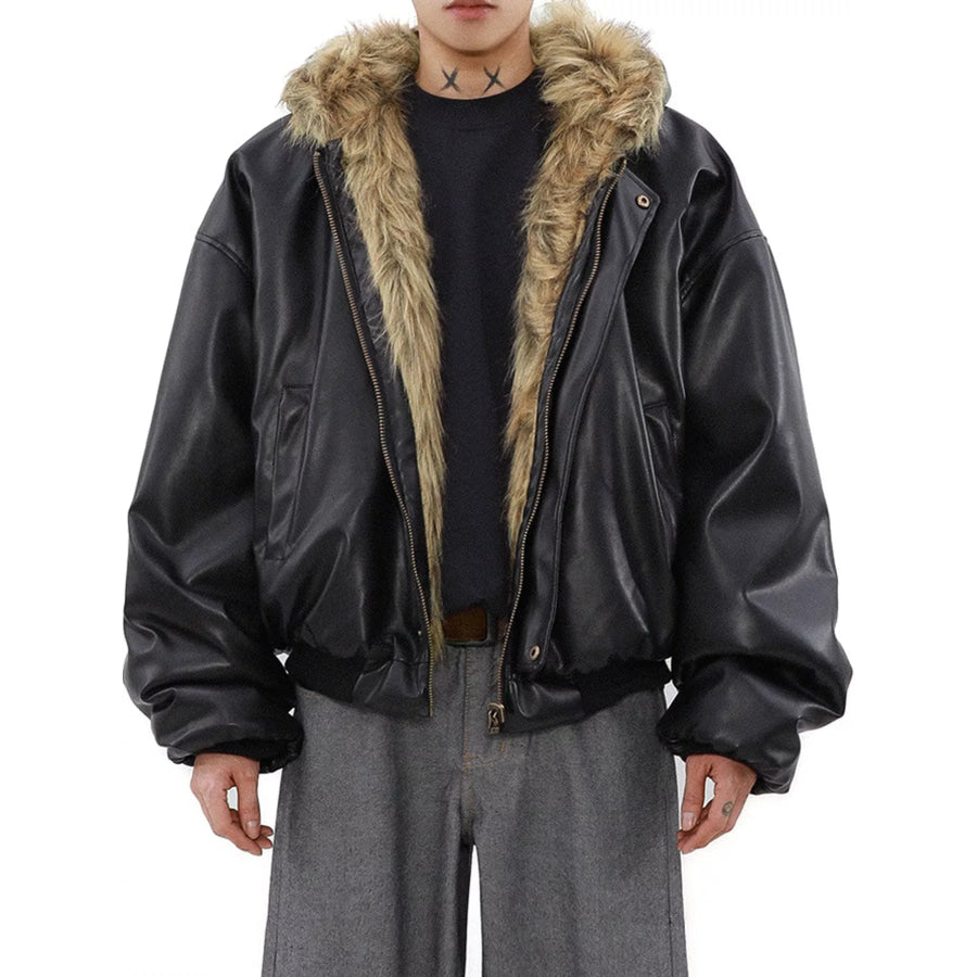 Men’s Reversible Faux Leather Bomber Jacket with Plush Fur Lining Apparel and Accessories