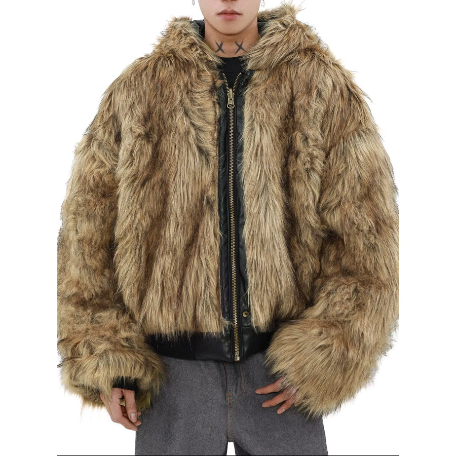 Men’s Reversible Faux Leather Bomber Jacket with Plush Fur Lining Apparel and Accessories