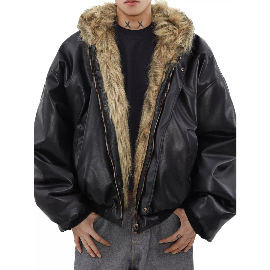 Men’s Reversible Faux Leather Bomber Jacket with Plush Fur Lining Black / M Apparel and Accessories