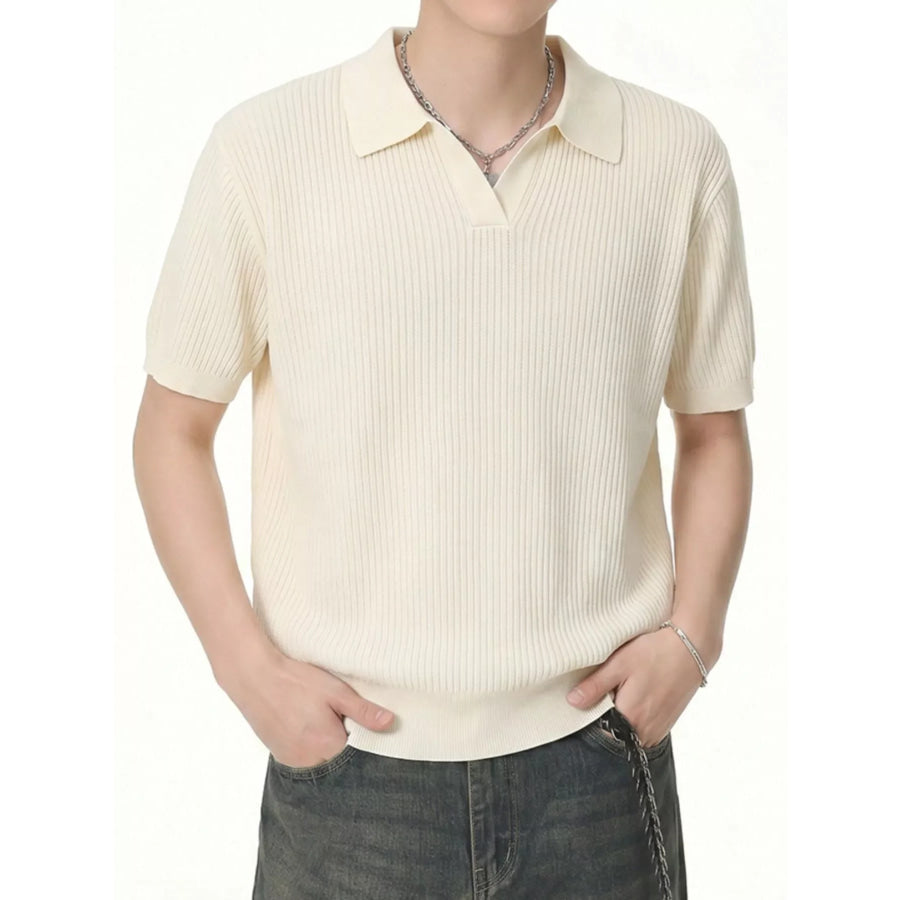 Men’s Ribbed Knit Polo Collar Top Apricot / M