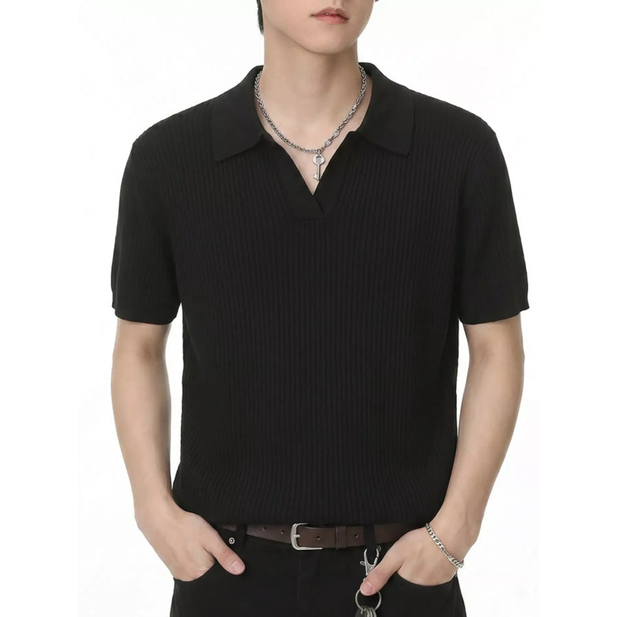 Men’s Ribbed Knit Polo Collar Top Black / M