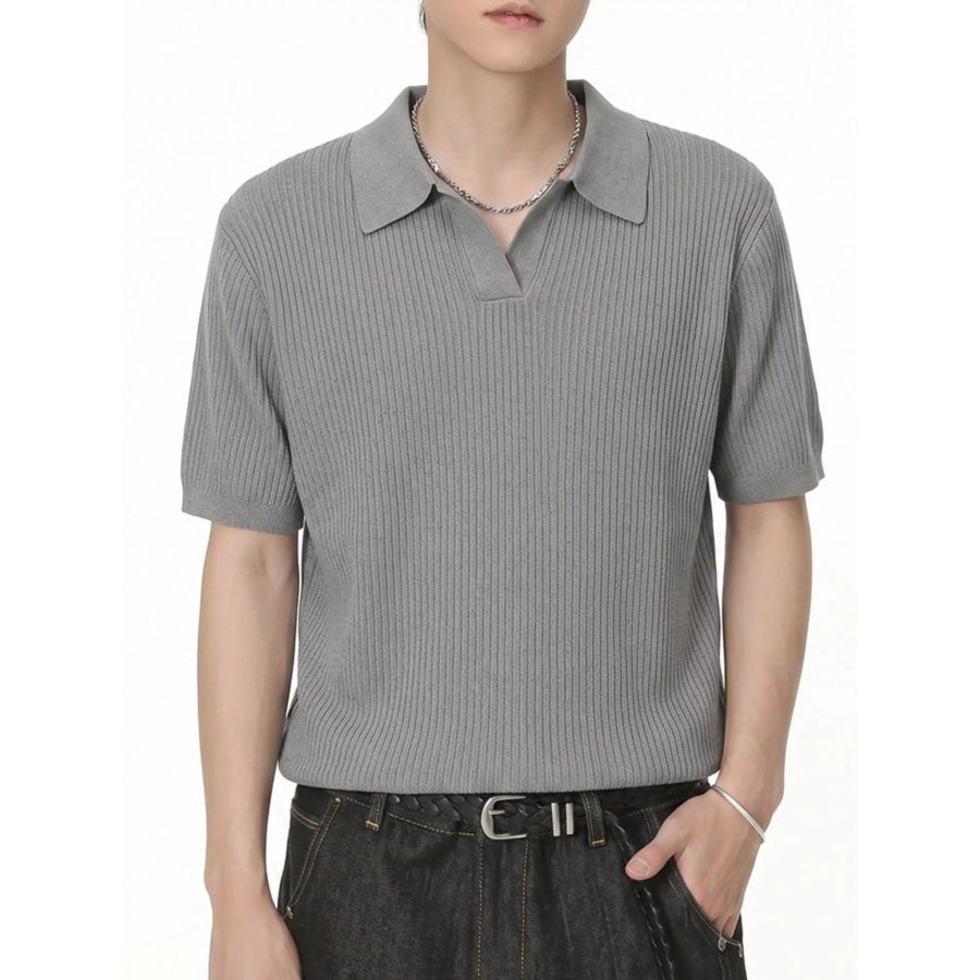 Men’s Ribbed Knit Polo Collar Top Grey / M