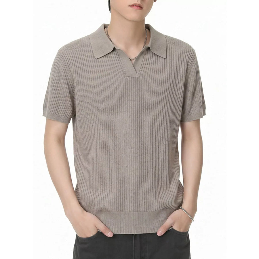 Men’s Ribbed Knit Polo Collar Top Khaki / M