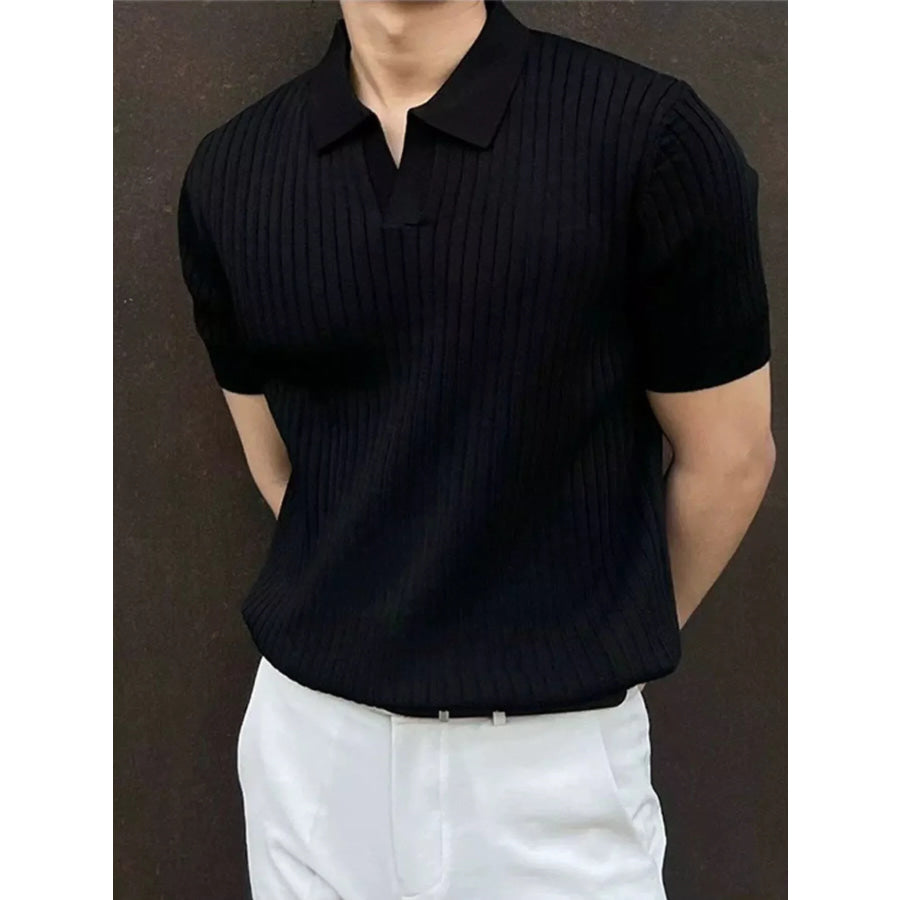 Men’s Ribbed Knit Polo Shirt with Classic Collar Black / M Apparel and Accessories
