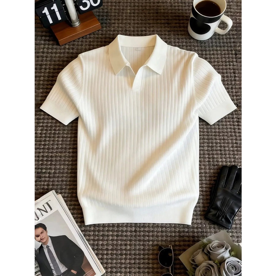 Men’s Ribbed Knit Polo Shirt with Classic Collar White / M Apparel and Accessories