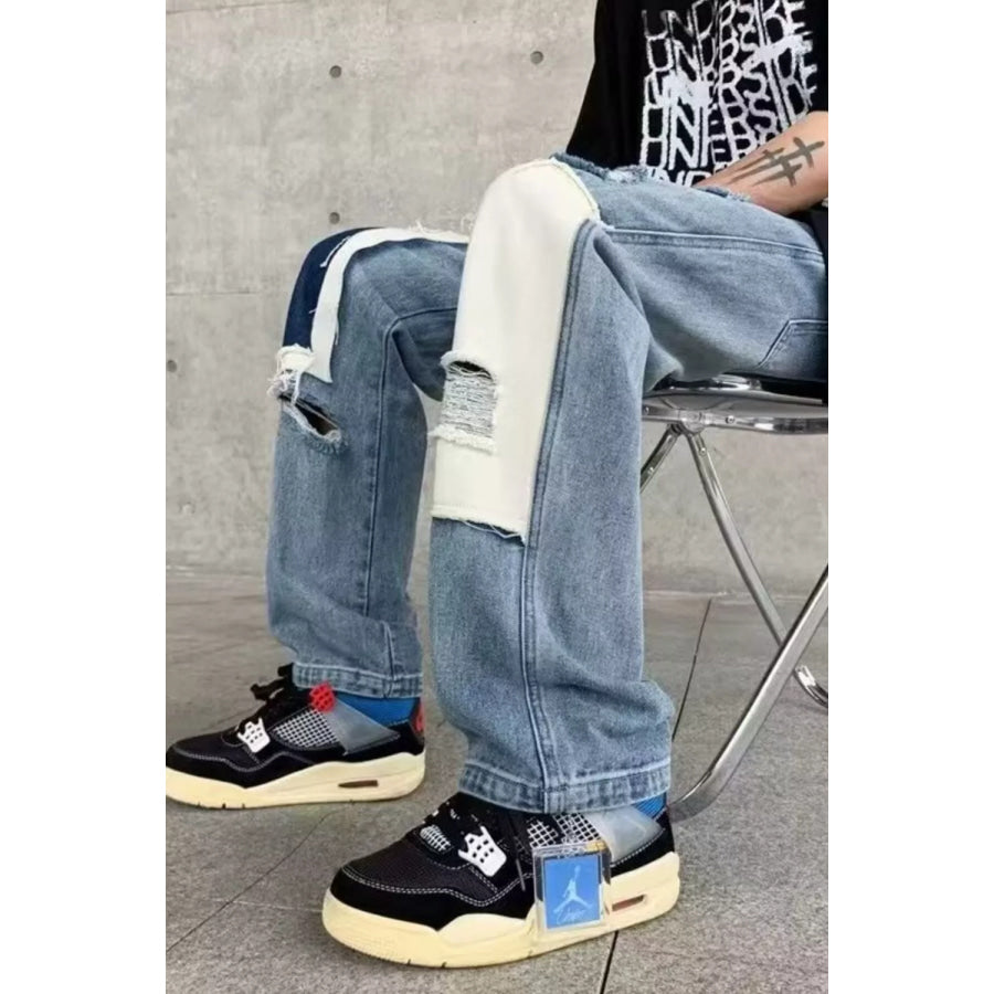 Men’s Ripped Patchwork Wide Leg Jeans Apparel and Accessories