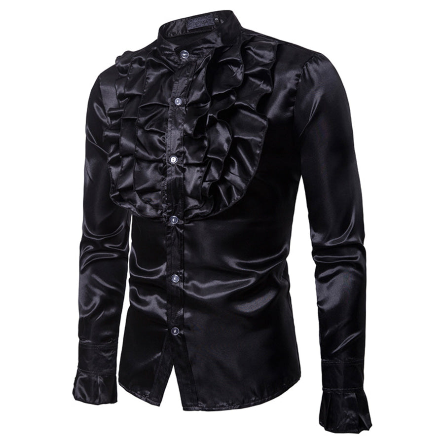 Men’s Ruffle Front Long Sleeve Shirt Black / S Apparel and Accessories