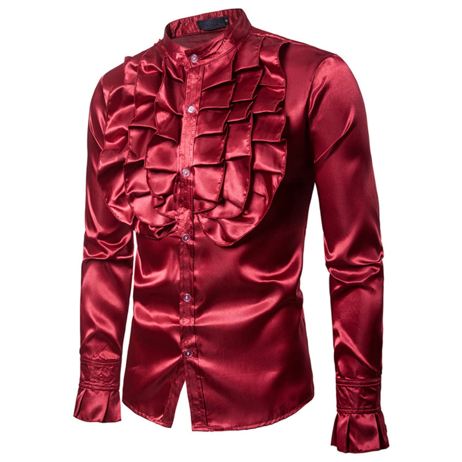Men’s Ruffle Front Long Sleeve Shirt Burgundy / S Apparel and Accessories