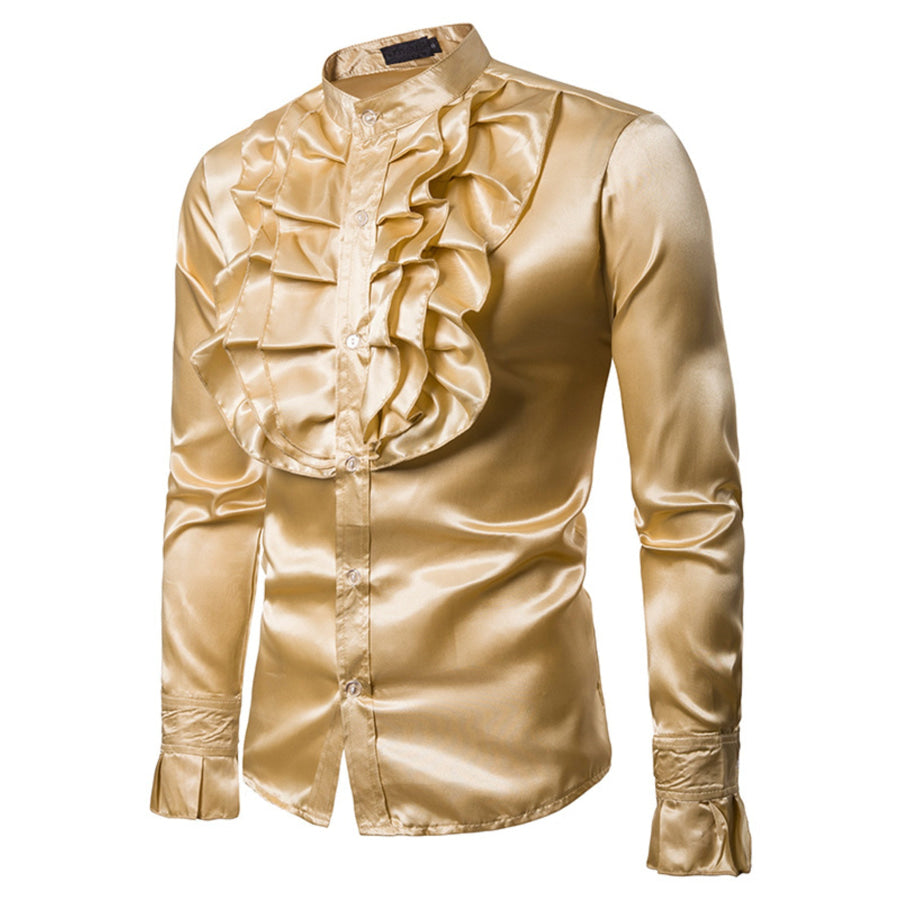 Men’s Ruffle Front Long Sleeve Shirt Yellow / S Apparel and Accessories