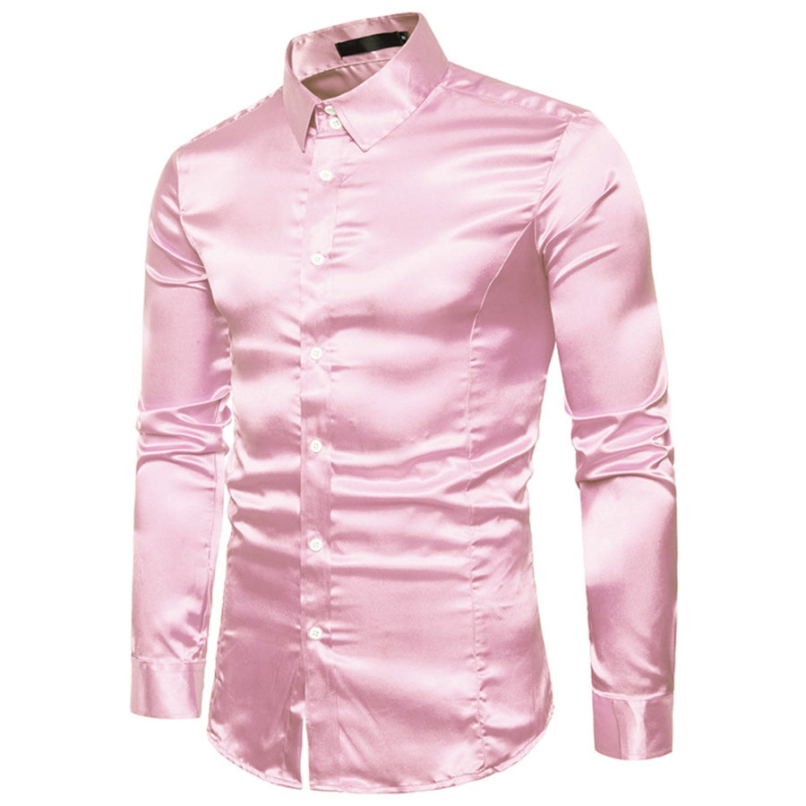 Men’s Satin Long Sleeve Shirt Pink / S Apparel and Accessories