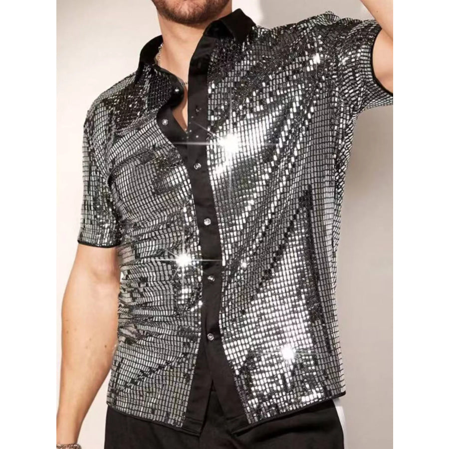 Men’s Sequin Button Up Shirt Silver / S Apparel and Accessories