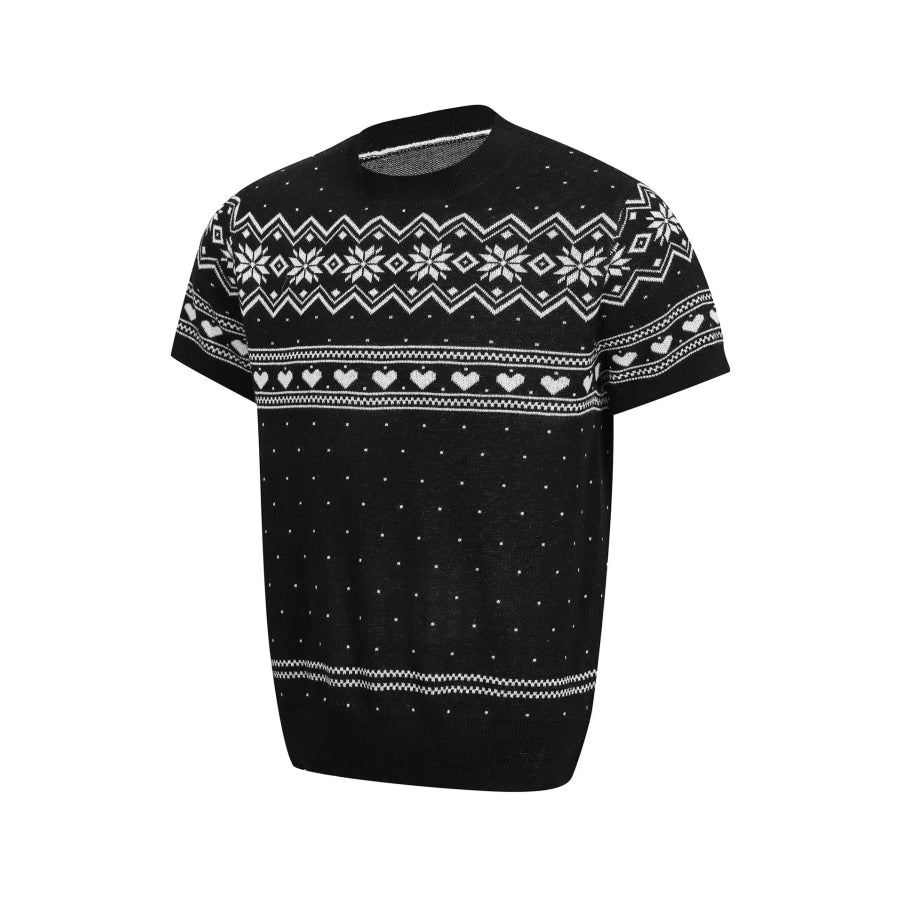 Men’s Short-Sleeve Knit Top with Fair Isle and Heart Pattern Apparel and Accessories