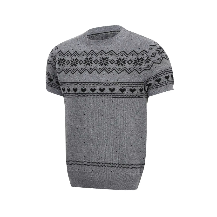 Men’s Short-Sleeve Knit Top with Fair Isle and Heart Pattern Grey / M Apparel and Accessories