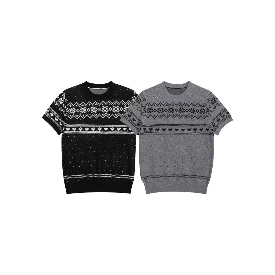 Men’s Short-Sleeve Knit Top with Fair Isle and Heart Pattern Apparel and Accessories