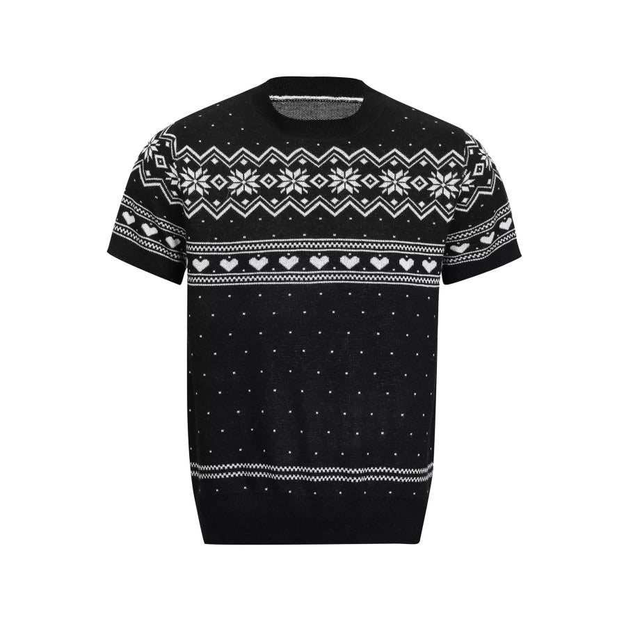 Men’s Short-Sleeve Knit Top with Fair Isle and Heart Pattern Black / M Apparel and Accessories