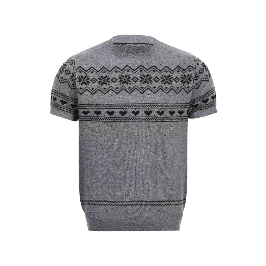 Men’s Short-Sleeve Knit Top with Fair Isle and Heart Pattern Grey / M Apparel and Accessories