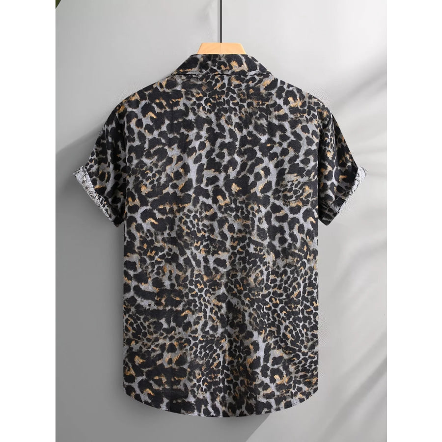 Men’s Short Sleeve Leopard Print Casual Button-Down Shirt Apparel and Accessories