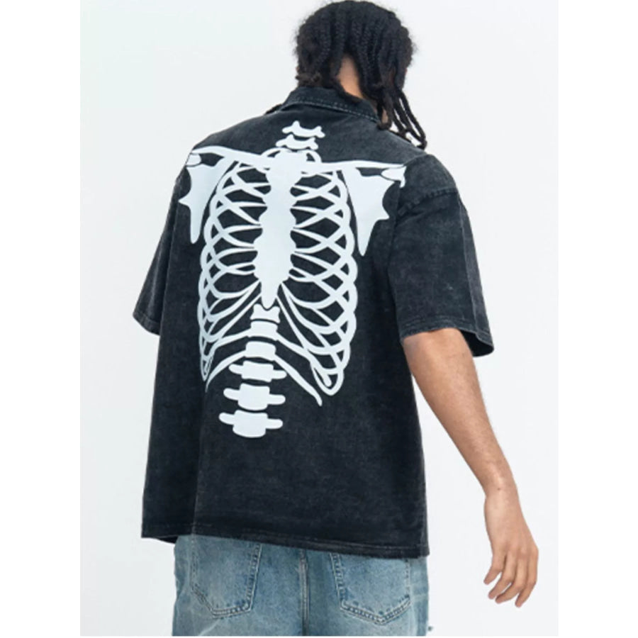Men’s Skeleton Print Washed Short Sleeve Polo Black / M Apparel and Accessories