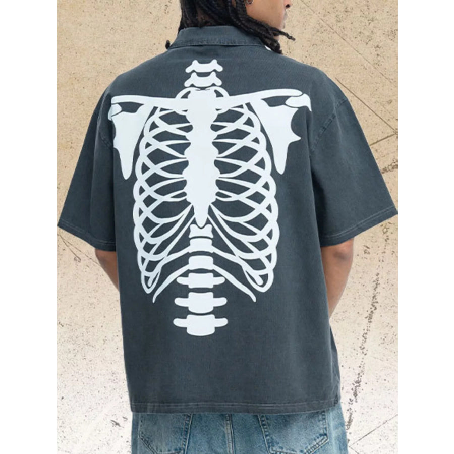Men’s Skeleton Print Washed Short Sleeve Polo Dark Gray / M Apparel and Accessories