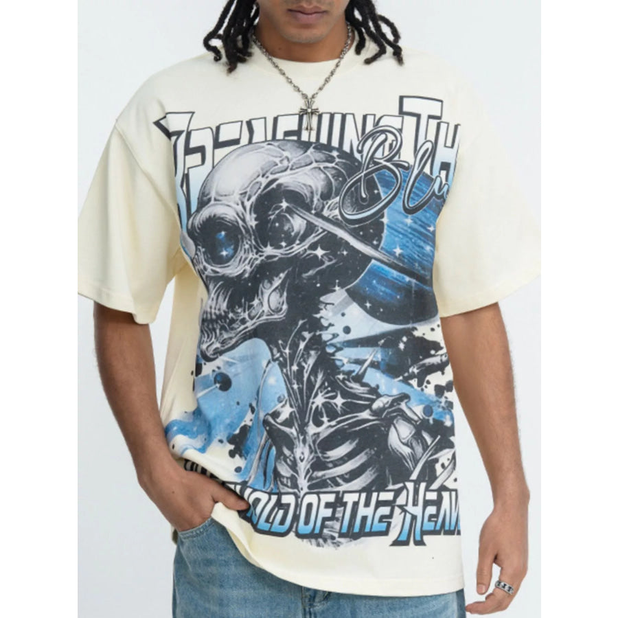 Men’s Skull Graphic Round Neck T-Shirt Beige / S Apparel and Accessories