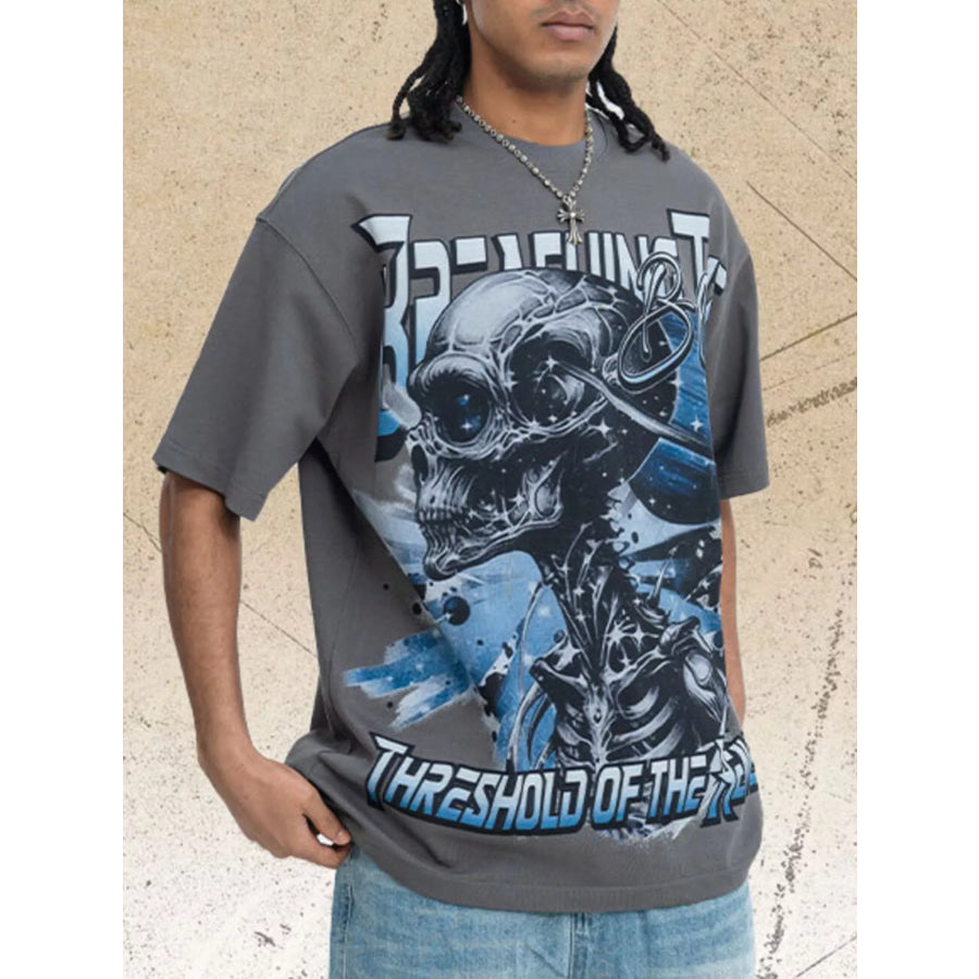 Men’s Skull Graphic Round Neck T-Shirt Grey / S Apparel and Accessories