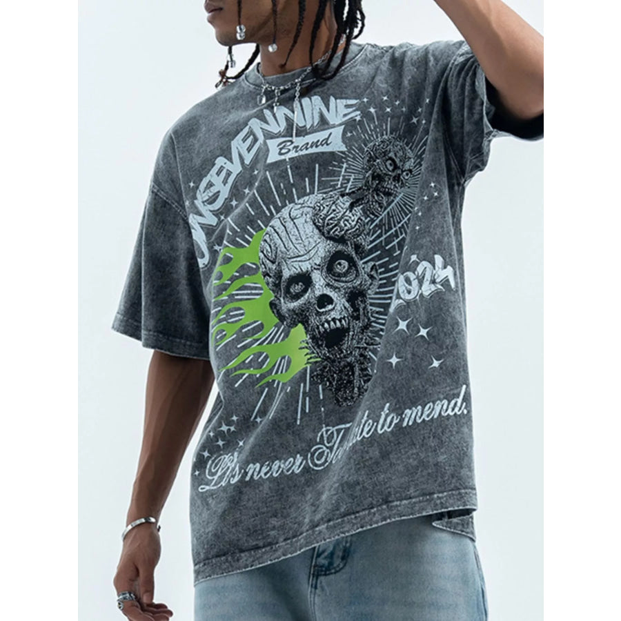 Men’s Skull Graphic Round Neck Tee Silver Gray / S Apparel and Accessories