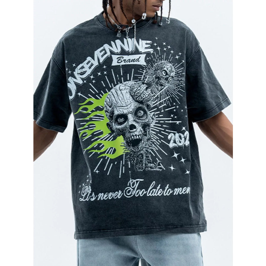 Men’s Skull Graphic Round Neck Tee Wash Water Black / S Apparel and Accessories