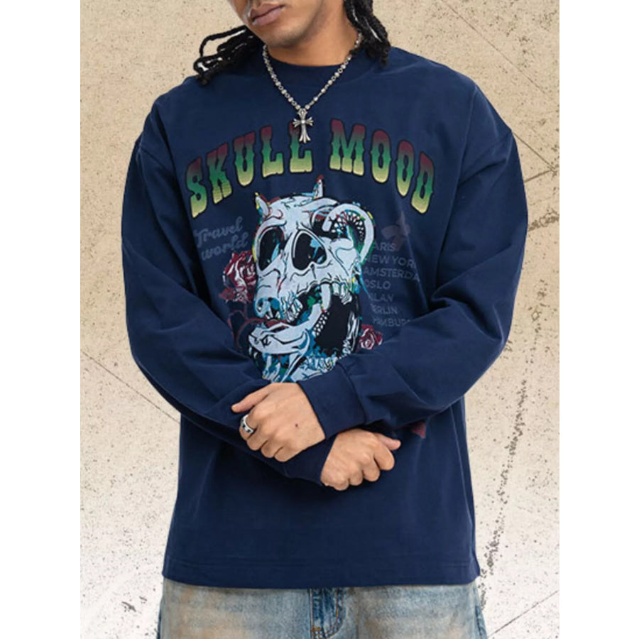 Men’s Skull Mood Graphic Long Sleeve T-Shirt Royal Blue / S Apparel and Accessories
