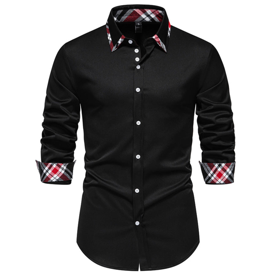 Men’s Slim Fit Long Sleeve Plaid Trim Shirt Black / S Apparel and Accessories