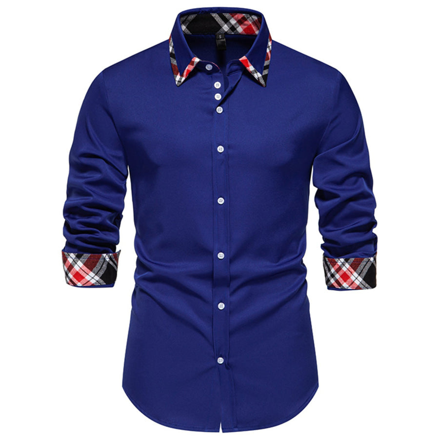 Men’s Slim Fit Long Sleeve Plaid Trim Shirt Blue / S Apparel and Accessories
