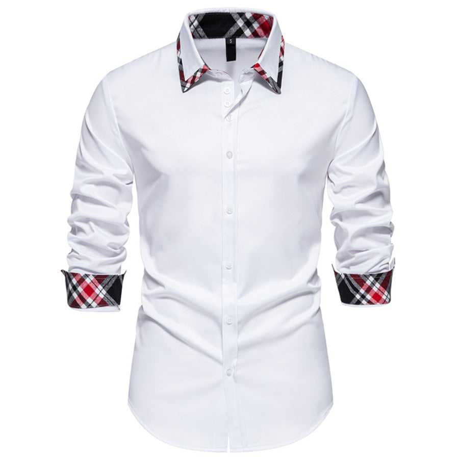 Men’s Slim Fit Long Sleeve Plaid Trim Shirt White / S Apparel and Accessories