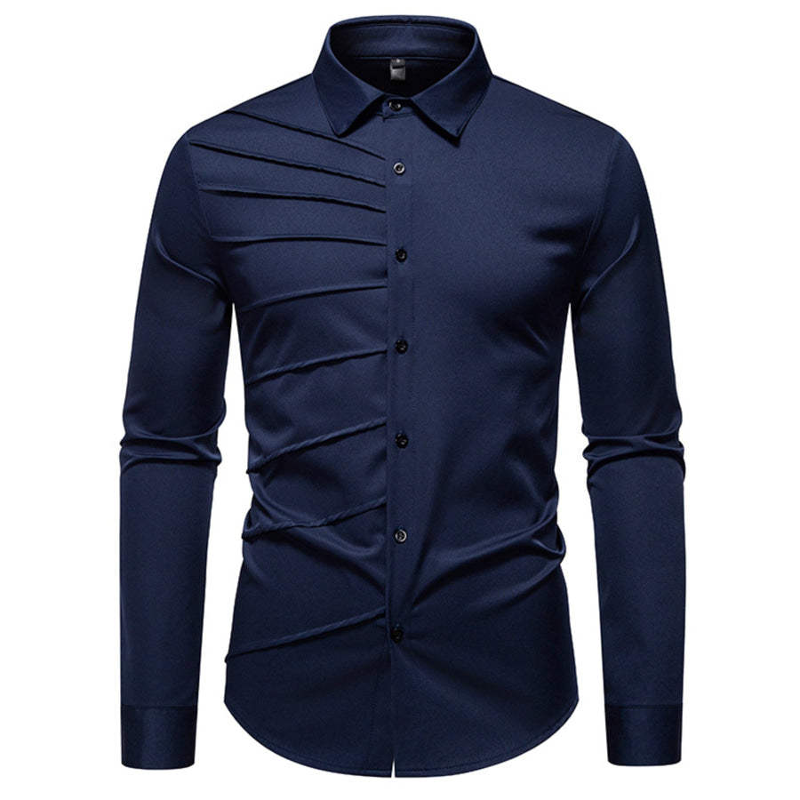 Men’s Slim Fit Ruched Long Sleeve Shirt Navy Blue / S Apparel and Accessories