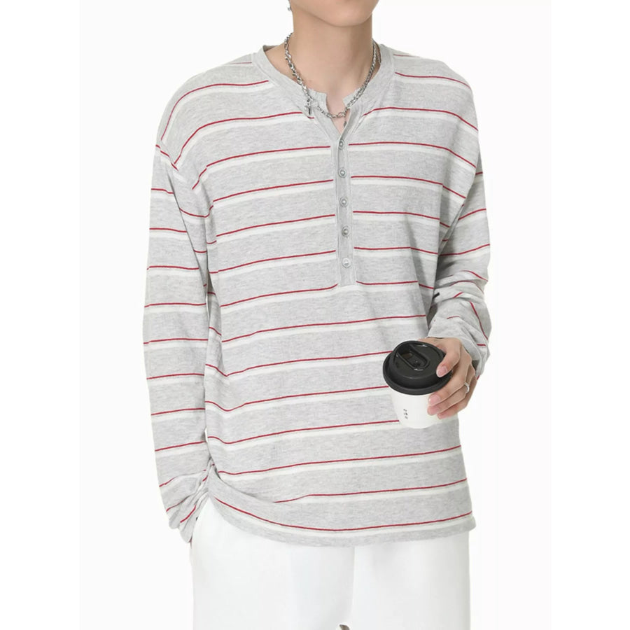 Men’s Striped Button Detail Henley T-Shirt Grey / S Apparel and Accessories
