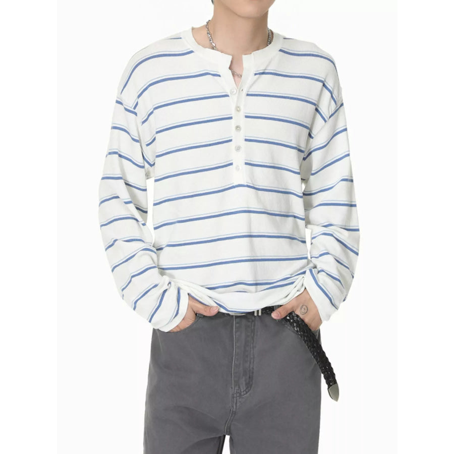 Men’s Striped Button Detail Henley T-Shirt White And Blue / S Apparel and Accessories