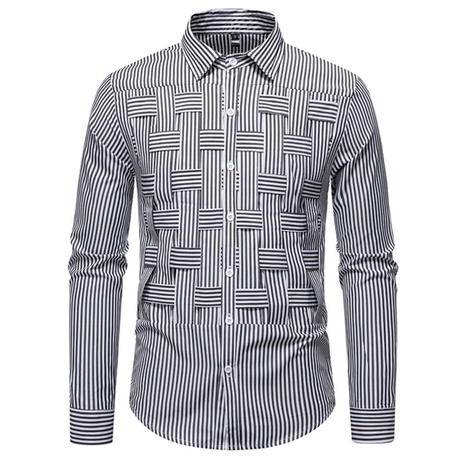 Men’s Striped Woven Pattern Long Sleeve Shirt Black / S Apparel and Accessories