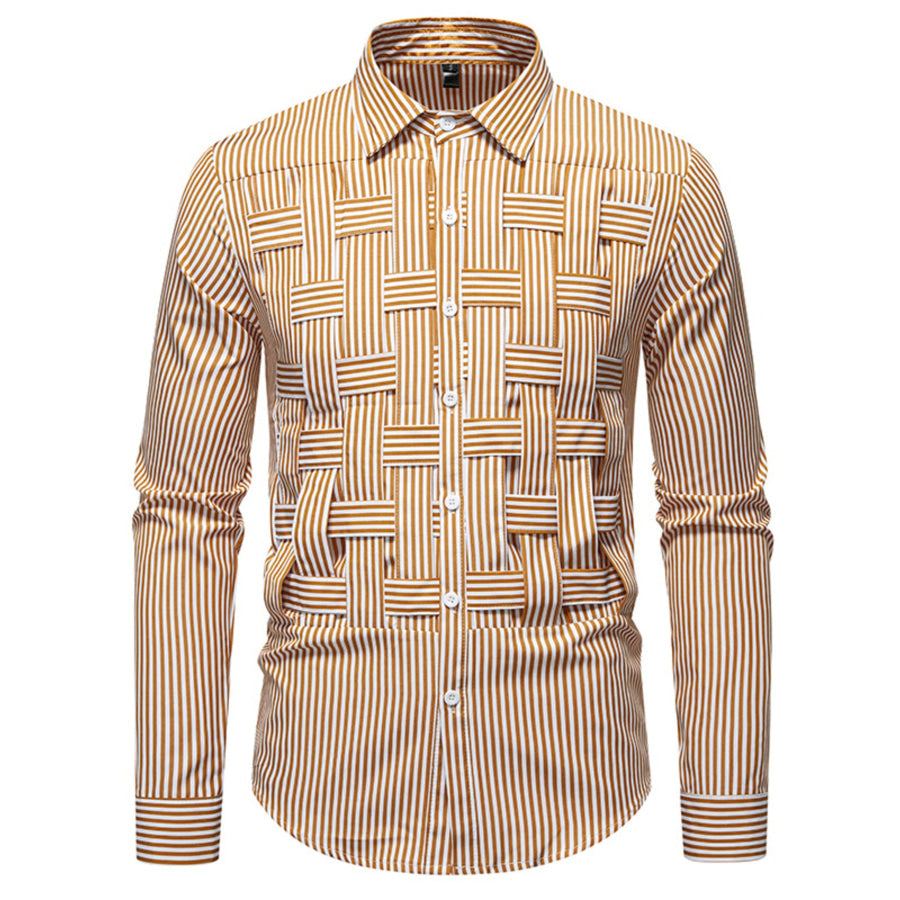 Men’s Striped Woven Pattern Long Sleeve Shirt Brown / S Apparel and Accessories