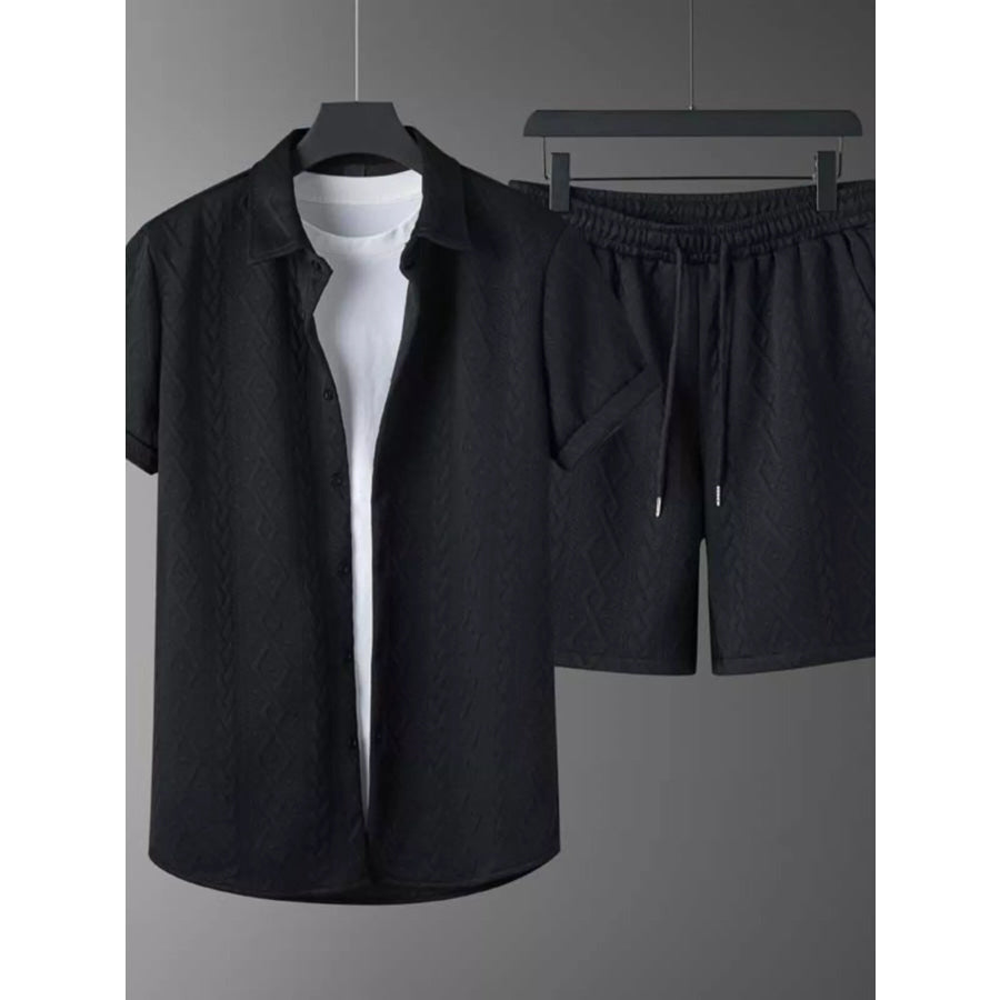 Men’s Textured Knit Short Sleeve Polo & Shorts Set Black / S Apparel and Accessories