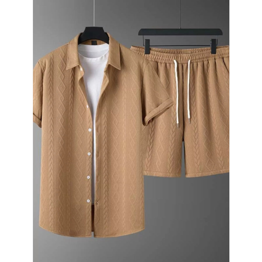 Men’s Textured Knit Short Sleeve Polo & Shorts Set Khaki / S Apparel and Accessories