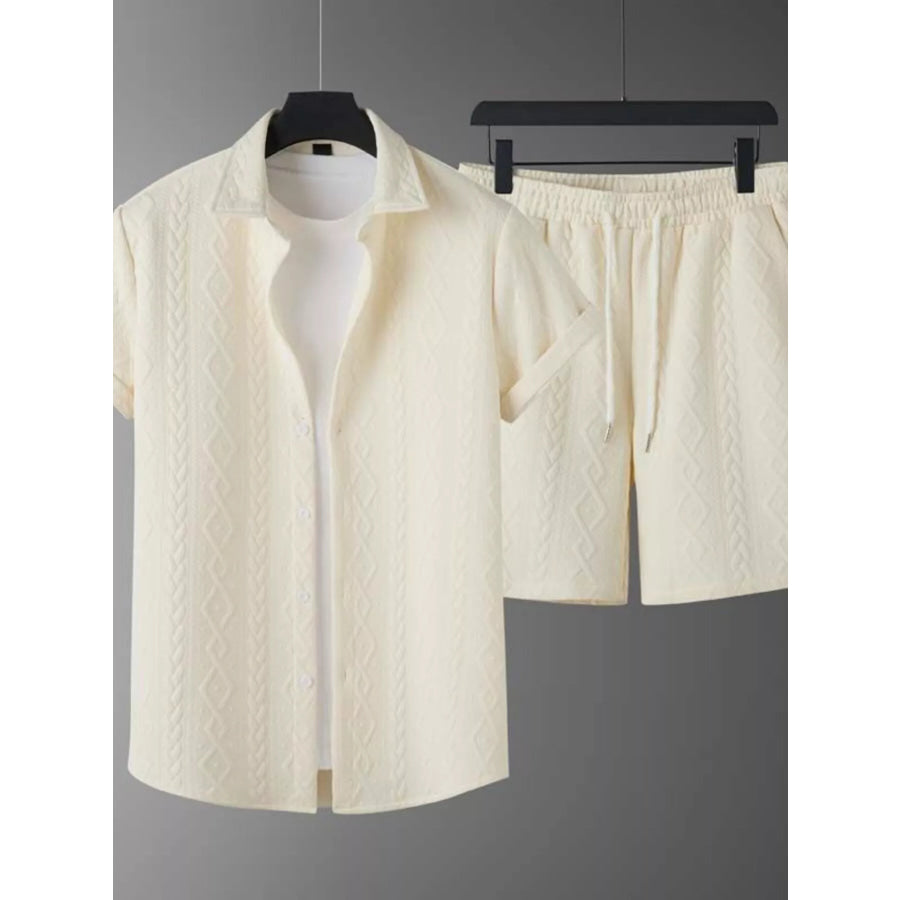 Men’s Textured Knit Short Sleeve Polo & Shorts Set Off-white / S Apparel and Accessories