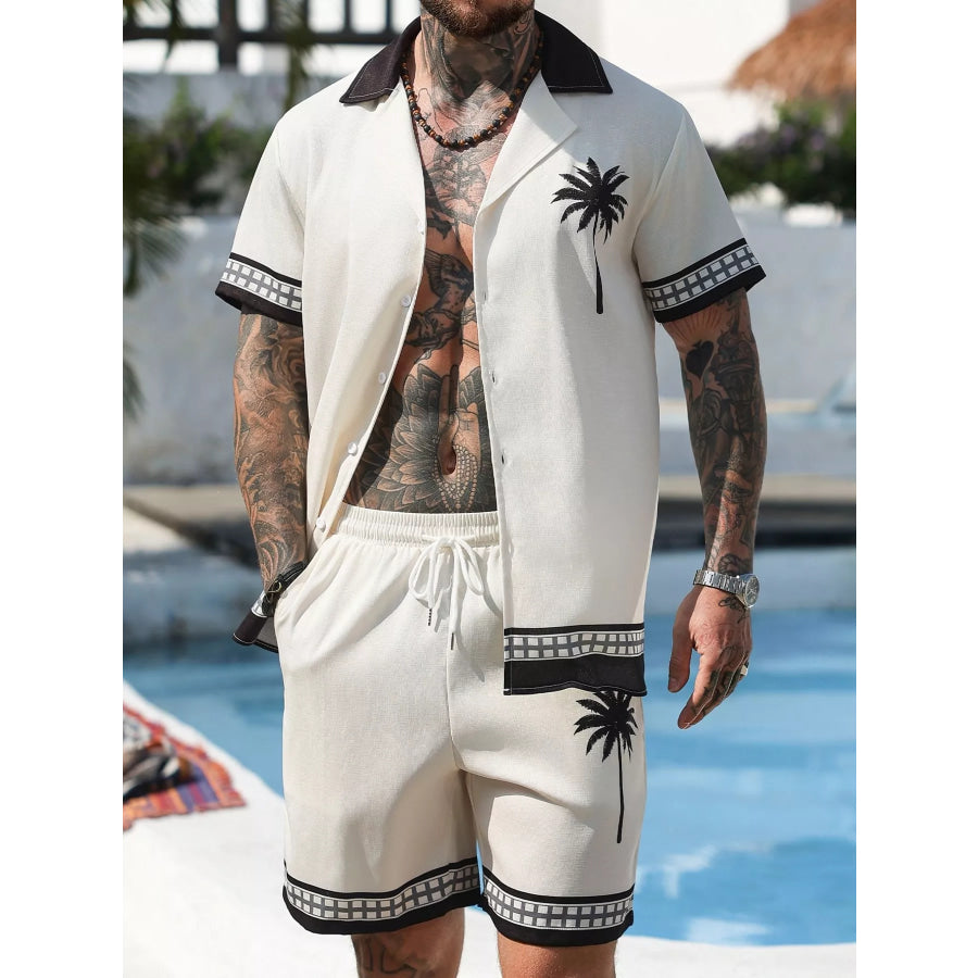 Men’s Tropical Palm Tree Print Short Sleeve Shirt and Shorts Set Apparel and Accessories