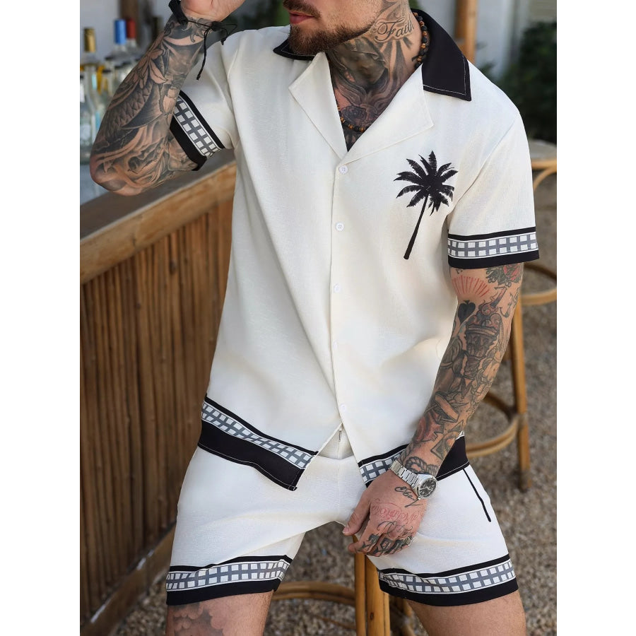 Men’s Tropical Palm Tree Print Short Sleeve Shirt and Shorts Set Apparel and Accessories