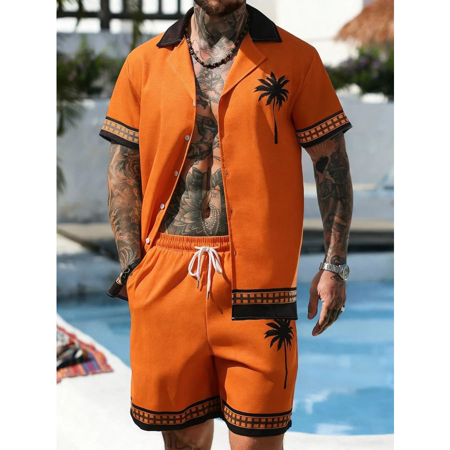 Men’s Tropical Palm Tree Print Short Sleeve Shirt and Shorts Set Orange / S Apparel and Accessories