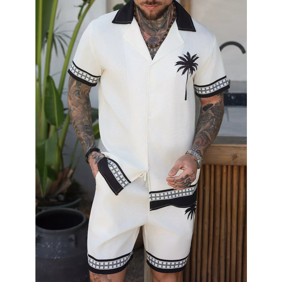 Men’s Tropical Palm Tree Print Short Sleeve Shirt and Shorts Set White / S Apparel and Accessories