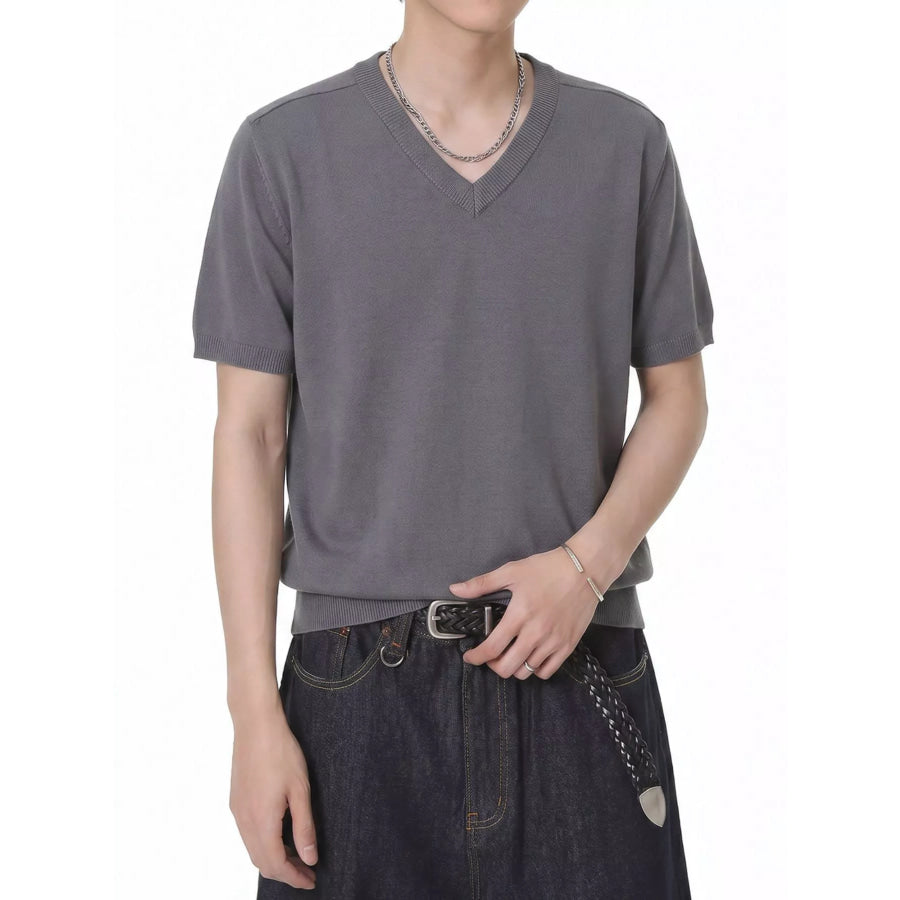 Men’s V-Neck Short-Sleeve Knit T-Shirt Light Gray / M