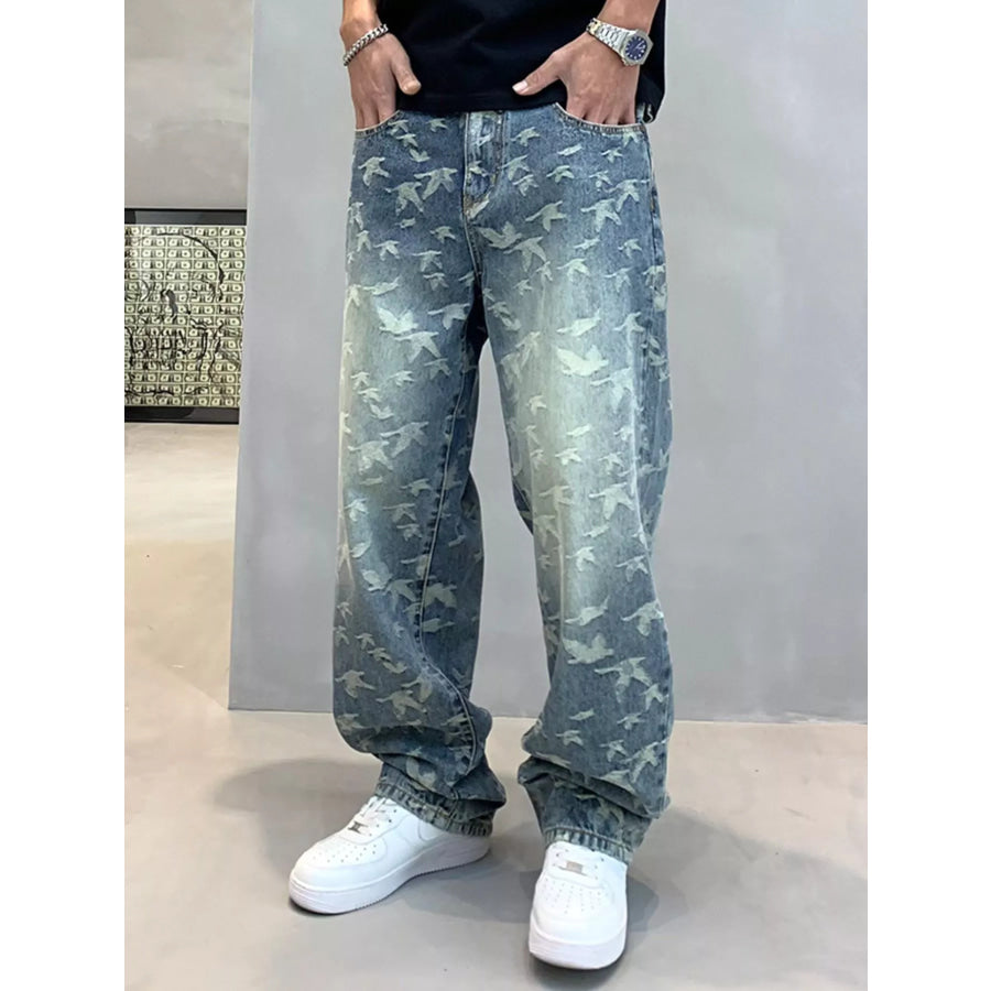 Men’s Vintage Bird Print Loose Fit Jeans Apparel and Accessories