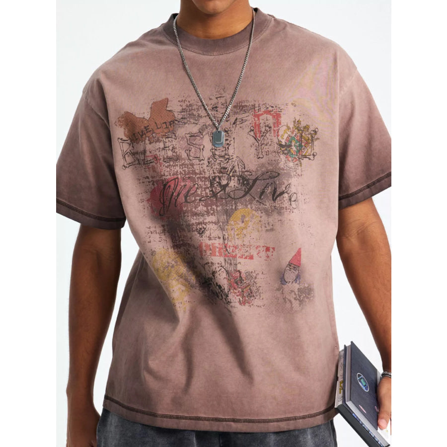 Men’s Vintage Graphic Round Neck Oversized T-Shirt Mocha / S Apparel and Accessories