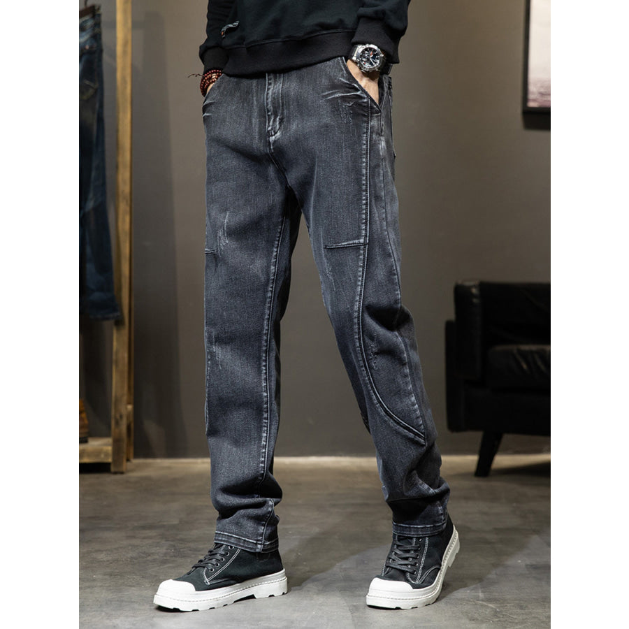Men’s Washed Slim-Fit Jeans with Curved Side Seam Detailing Apparel and Accessories
