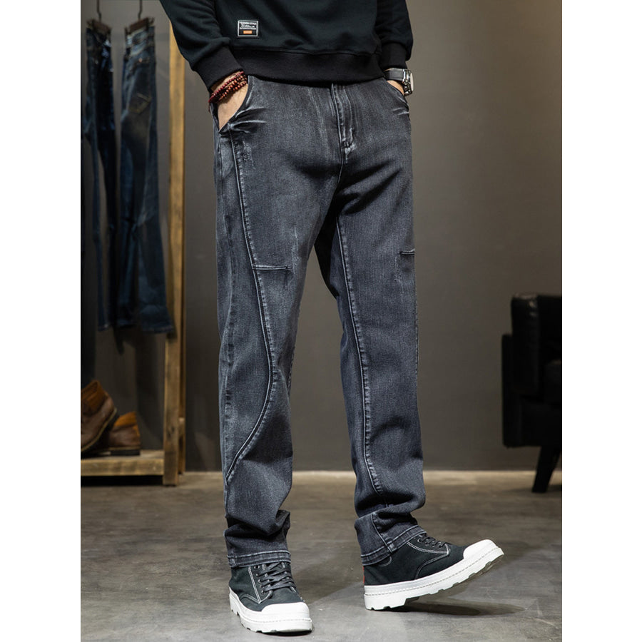 Men’s Washed Slim-Fit Jeans with Curved Side Seam Detailing Black / 28 Apparel and Accessories