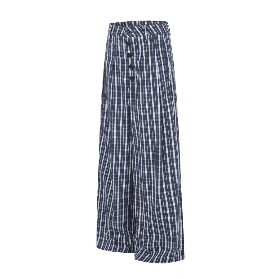 Men’s Wide Leg Plaid Button-Front Pants Blue / S Apparel and Accessories