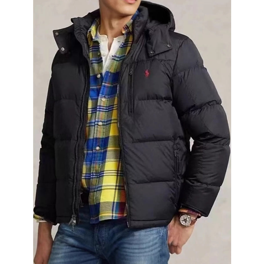 Men’s Zip Up Hooded Puffer Jacket Black-8526 / S Apparel and Accessories